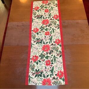 VTG Christmas Table Runner Lace Poinsettias Holiday Pinecone Red  17.5x 49in